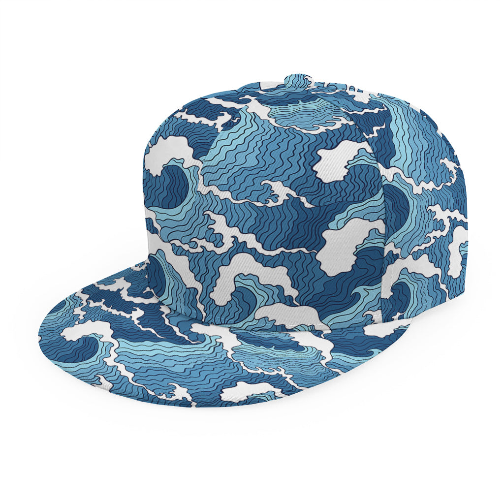 Blue Japanese Wave Pattern Print Snapback Cap