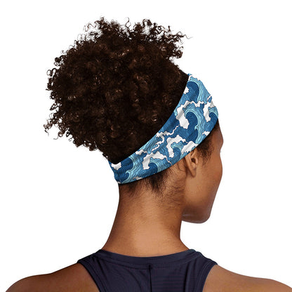 Blue Japanese Wave Pattern Print Sports Headband