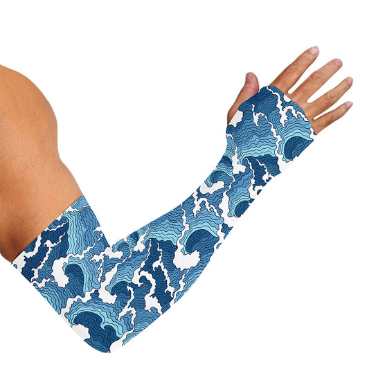 Blue Japanese Wave Pattern Print Sun Protection Arm Sleeves