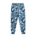 Blue Japanese Wave Pattern Print Sweatpants