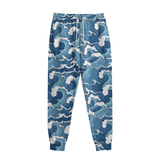 Blue Japanese Wave Pattern Print Sweatpants