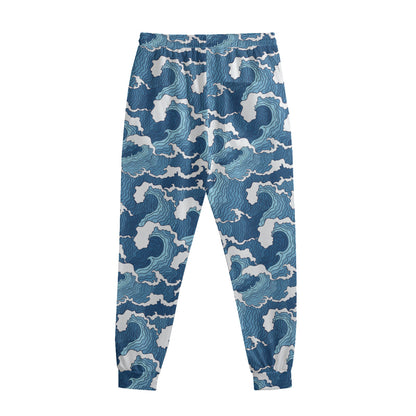 Blue Japanese Wave Pattern Print Sweatpants