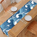 Blue Japanese Wave Pattern Print Table Runner