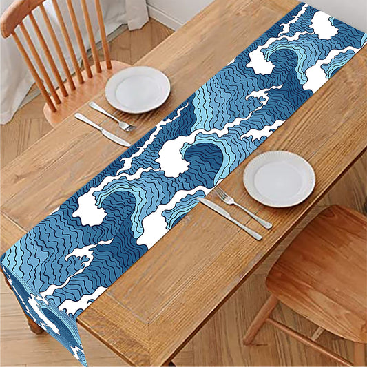Blue Japanese Wave Pattern Print Table Runner