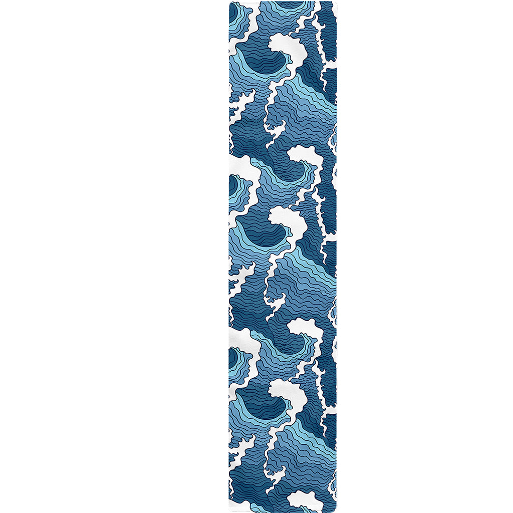 Blue Japanese Wave Pattern Print Table Runner