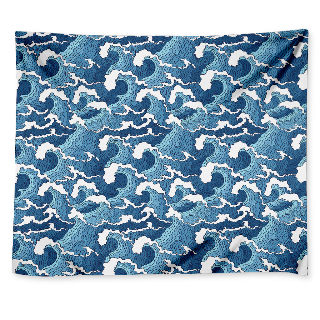 Blue Japanese Wave Pattern Print Tapestry