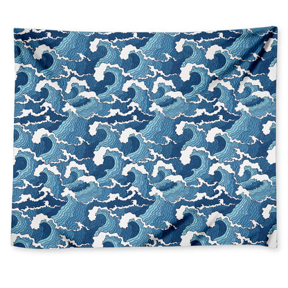 Blue Japanese Wave Pattern Print Tapestry