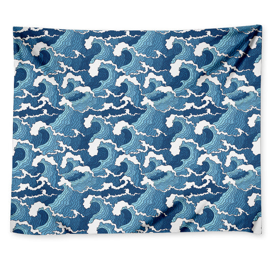 Blue Japanese Wave Pattern Print Tapestry