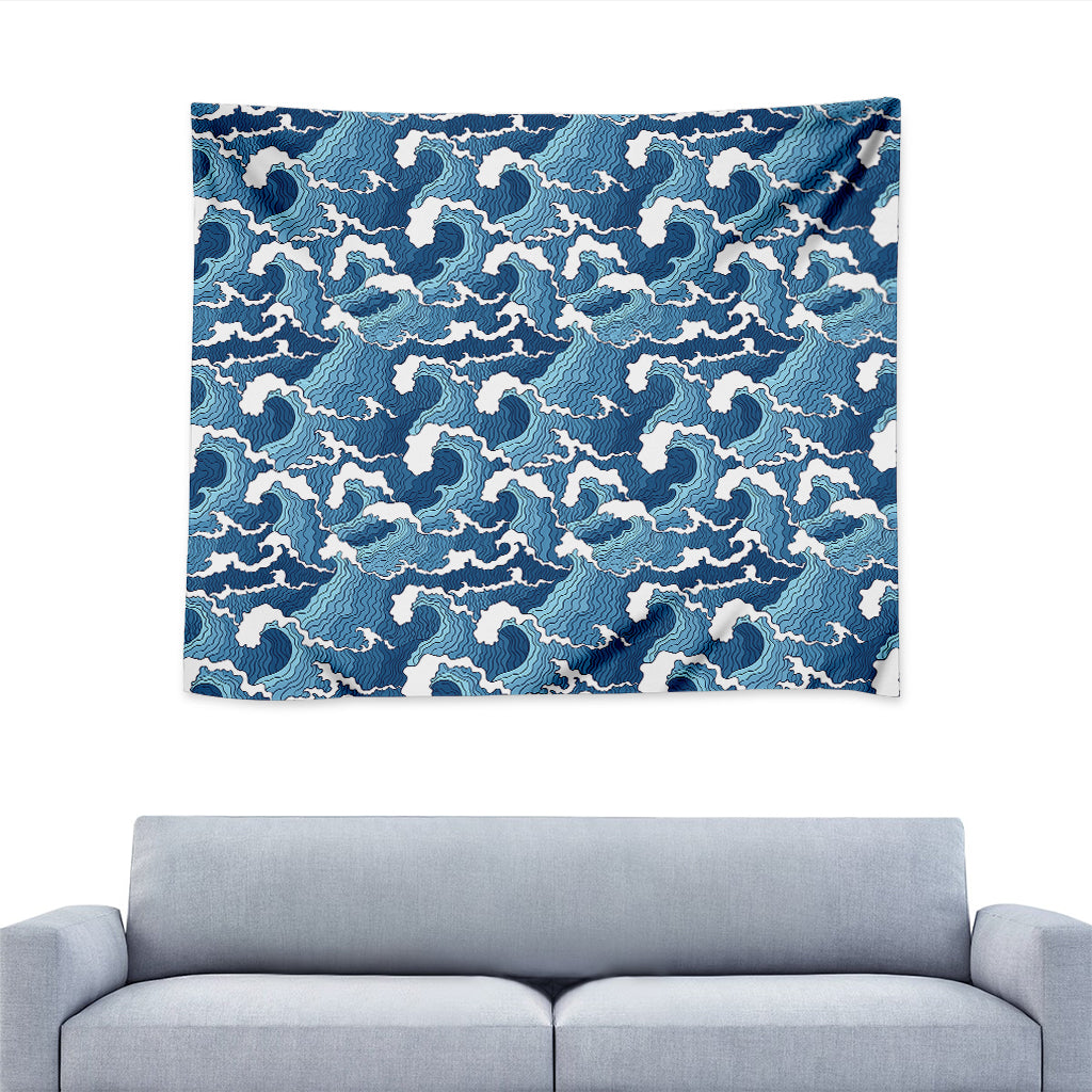 Blue Japanese Wave Pattern Print Tapestry