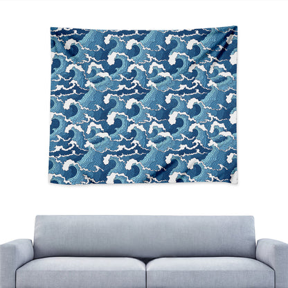 Blue Japanese Wave Pattern Print Tapestry