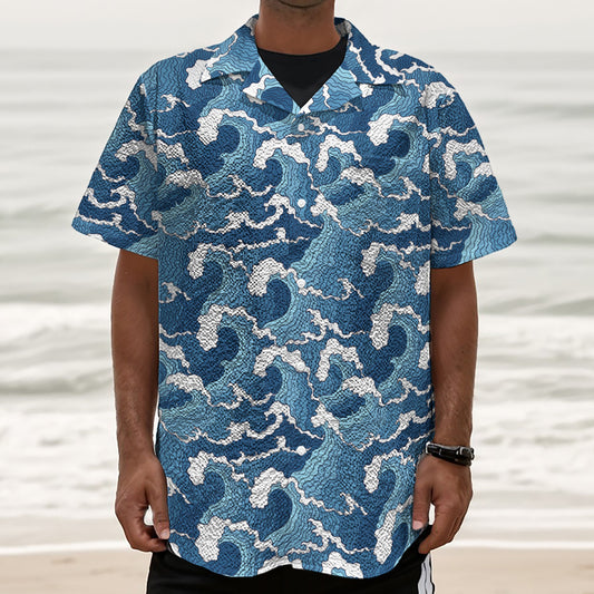 Blue Japanese Wave Pattern Print Textured Short Sleeve Shirt