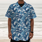 Blue Japanese Wave Pattern Print Textured Short Sleeve Shirt