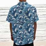 Blue Japanese Wave Pattern Print Textured Short Sleeve Shirt