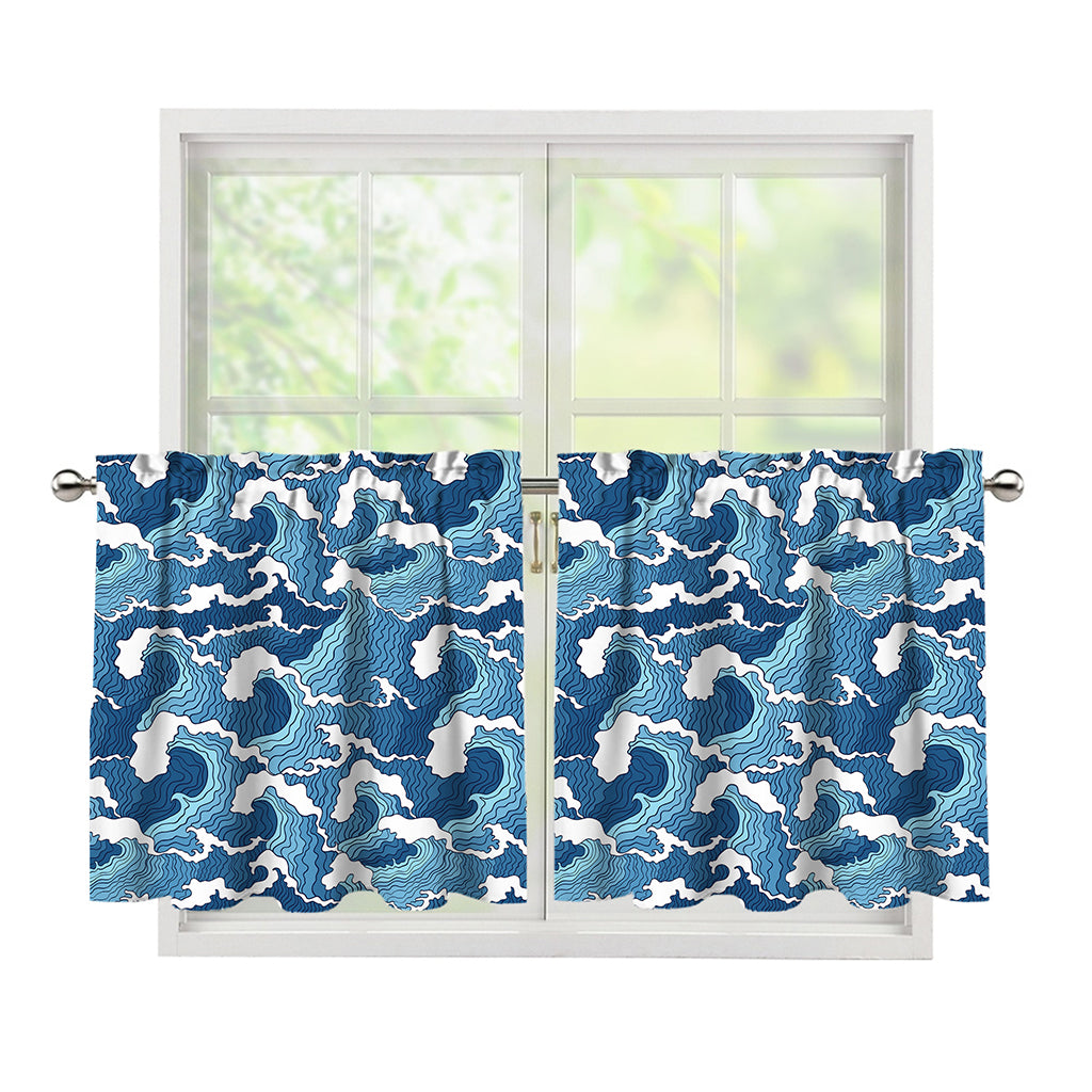 Blue Japanese Wave Pattern Print Tier Curtains