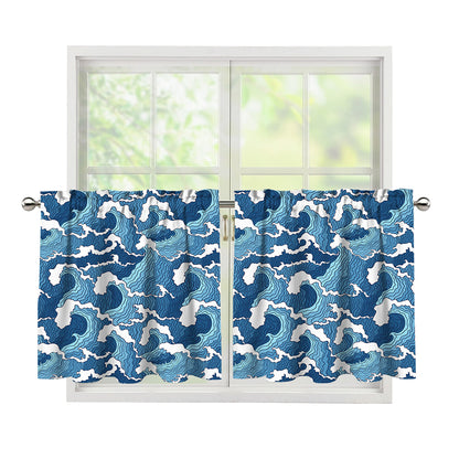 Blue Japanese Wave Pattern Print Tier Curtains