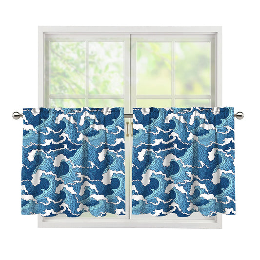 Blue Japanese Wave Pattern Print Tier Curtains