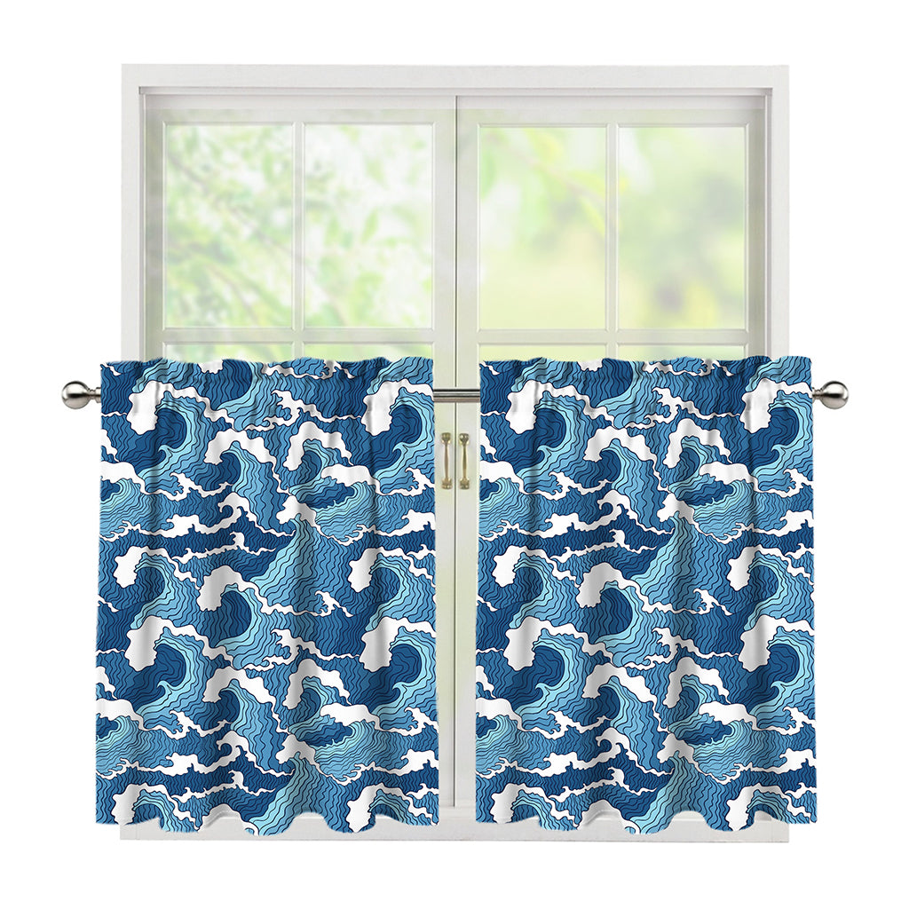 Blue Japanese Wave Pattern Print Tier Curtains