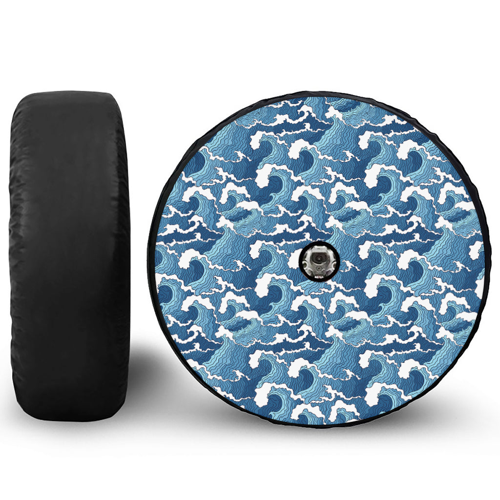 Blue Japanese Wave Pattern Print Tire Cover With Camera Hole