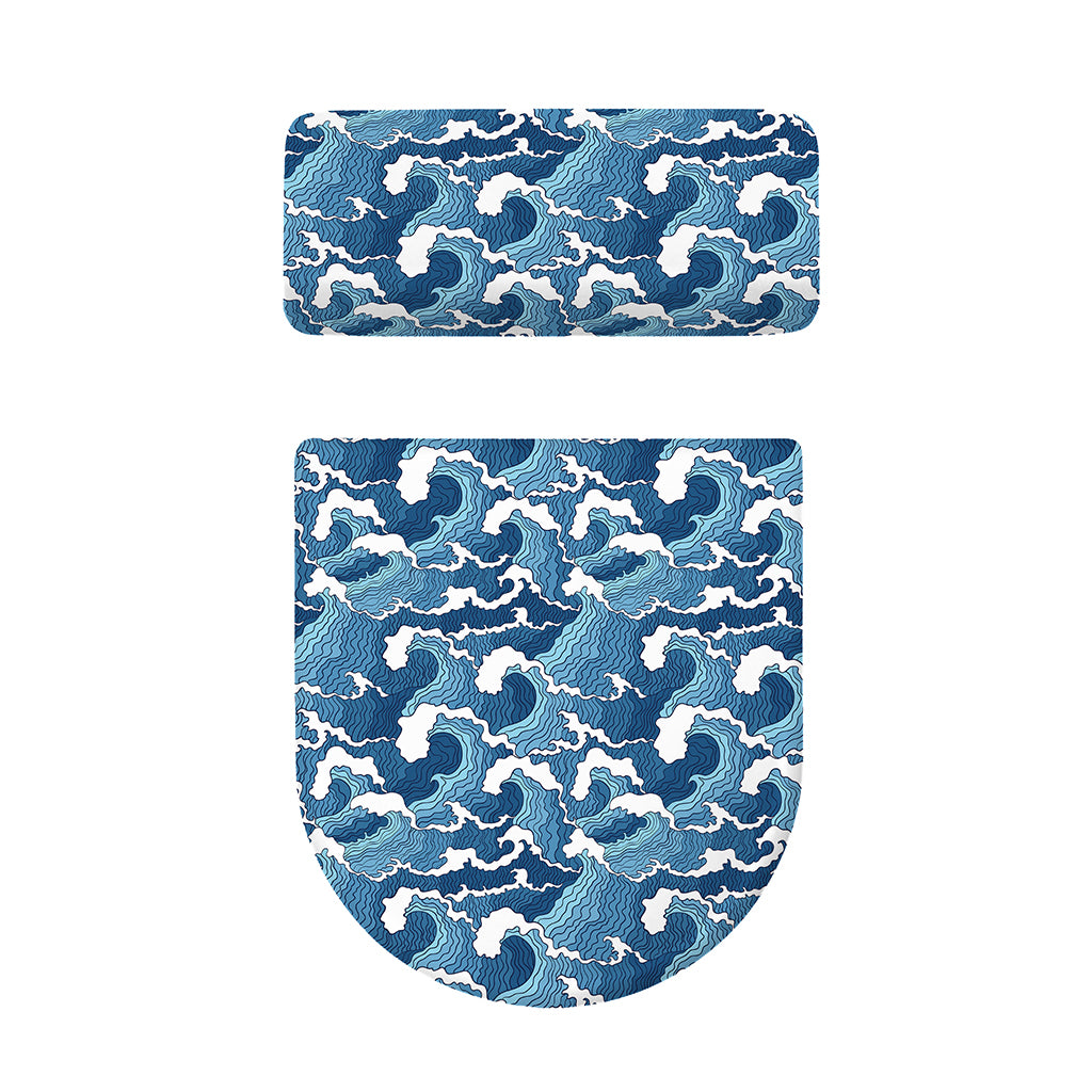 Blue Japanese Wave Pattern Print Toilet Lid And Tank Cover Set