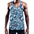 Blue Japanese Wave Pattern Print Men's Workout Tank Top
