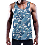 Blue Japanese Wave Pattern Print Training Tank Top