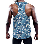 Blue Japanese Wave Pattern Print Training Tank Top