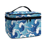 Blue Japanese Wave Pattern Print Travel Makeup Bag
