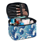 Blue Japanese Wave Pattern Print Travel Makeup Bag