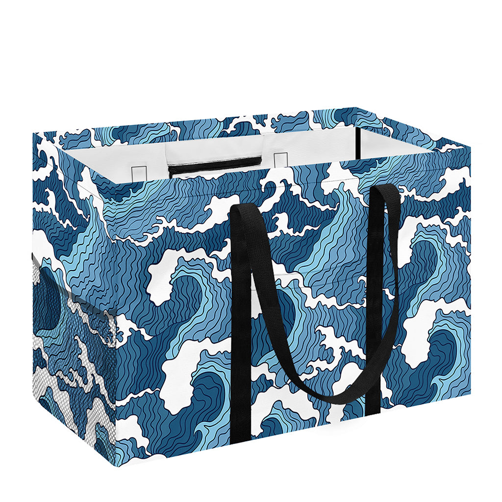 Blue Japanese Wave Pattern Print Utility Tote Bag