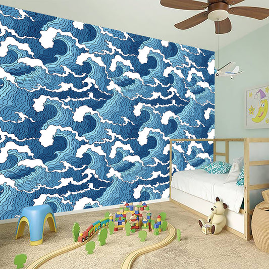 Blue Japanese Wave Pattern Print Wall Sticker