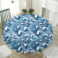 Blue Japanese Wave Pattern Print Waterproof Round Tablecloth