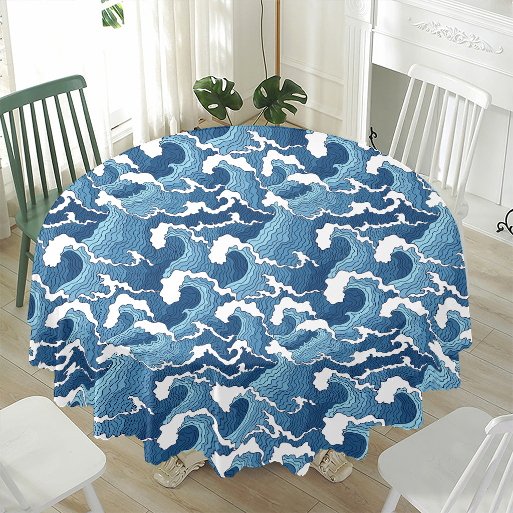 Blue Japanese Wave Pattern Print Waterproof Round Tablecloth