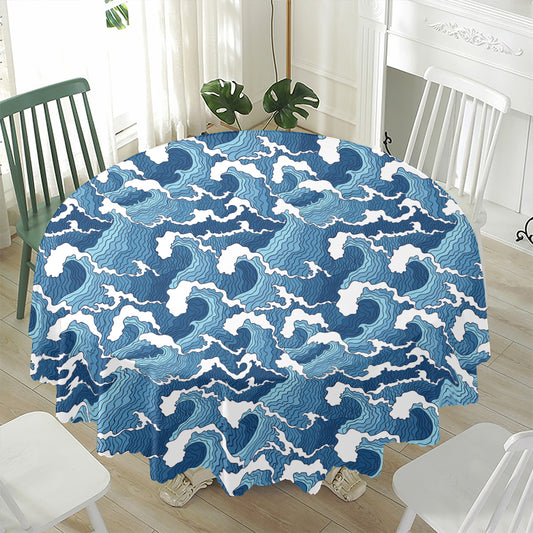 Blue Japanese Wave Pattern Print Waterproof Round Tablecloth