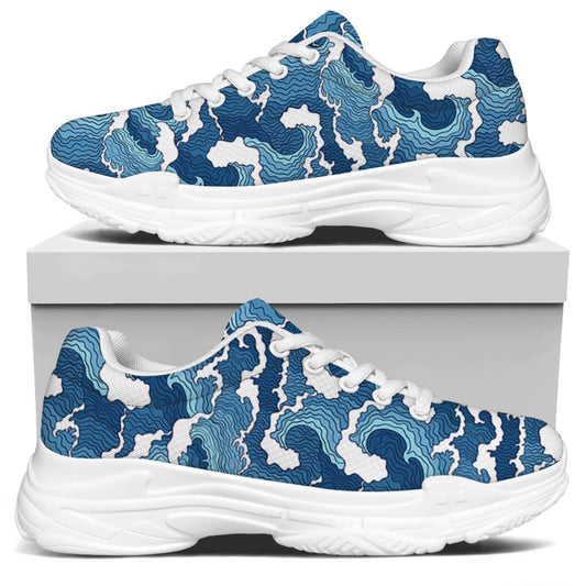 Blue Japanese Wave Pattern Print White Chunky Shoes