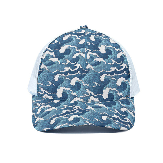 Blue Japanese Wave Pattern Print White Mesh Trucker Cap