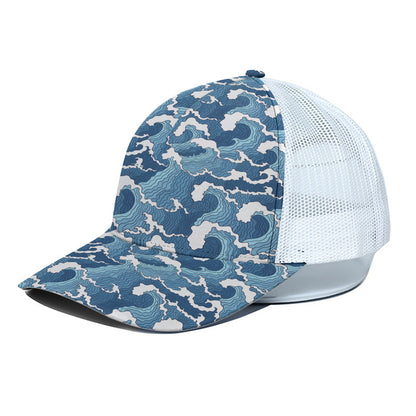 Blue Japanese Wave Pattern Print White Mesh Trucker Cap