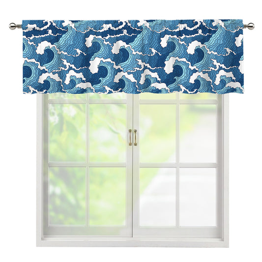 Blue Japanese Wave Pattern Print Window Valance