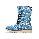 Blue Japanese Wave Pattern Print Winter Boots