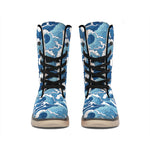 Blue Japanese Wave Pattern Print Winter Boots