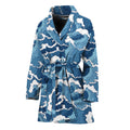 Blue Japanese Wave Pattern Print Women's Bathrobe