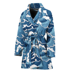 Blue Japanese Wave Pattern Print Women's Bathrobe