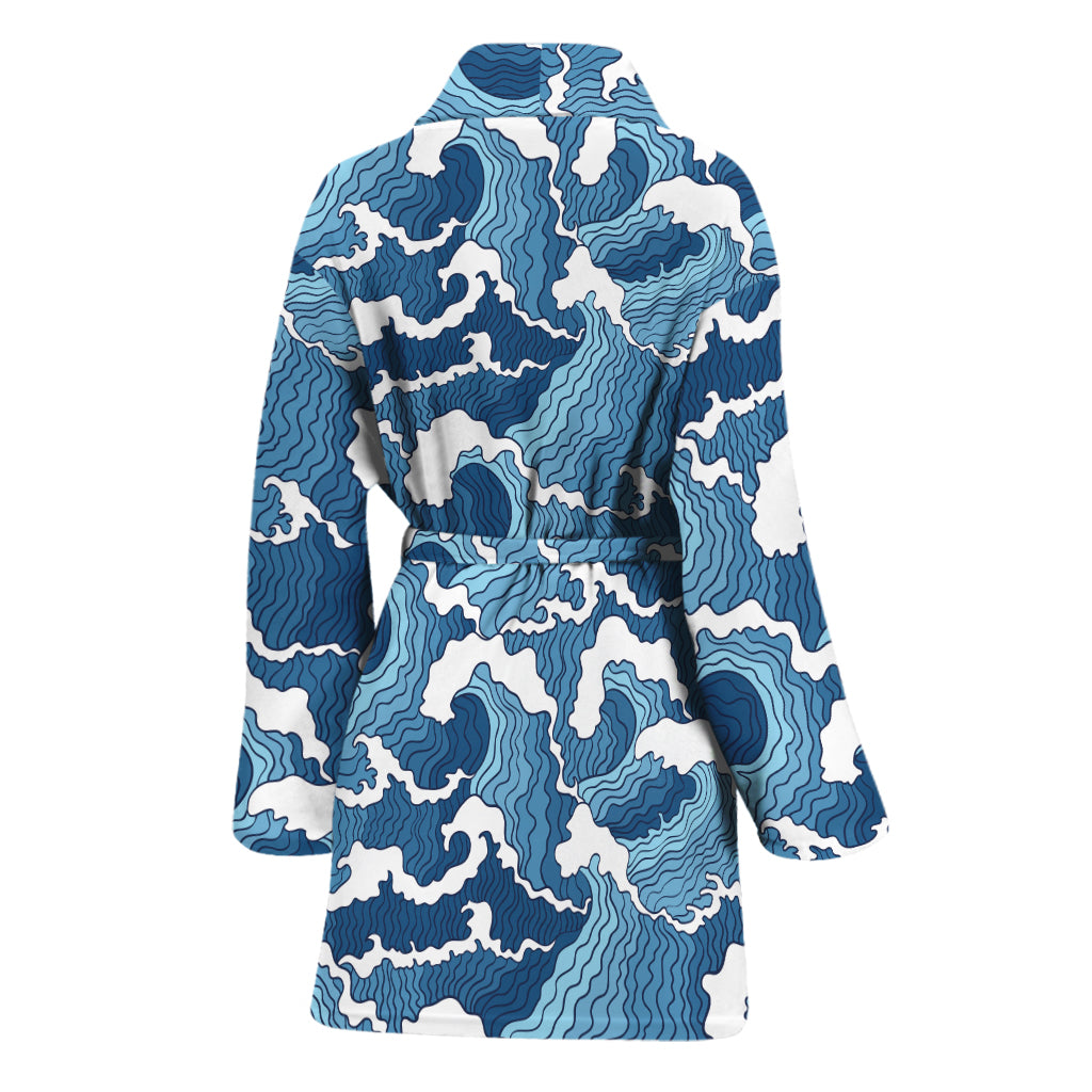 Blue Japanese Wave Pattern Print Women's Bathrobe