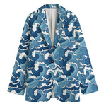 Blue Japanese Wave Pattern Print Women's Blazer