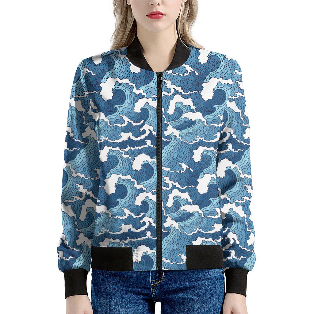 Blue Japanese Wave Pattern Print Women's Bomber Jacket