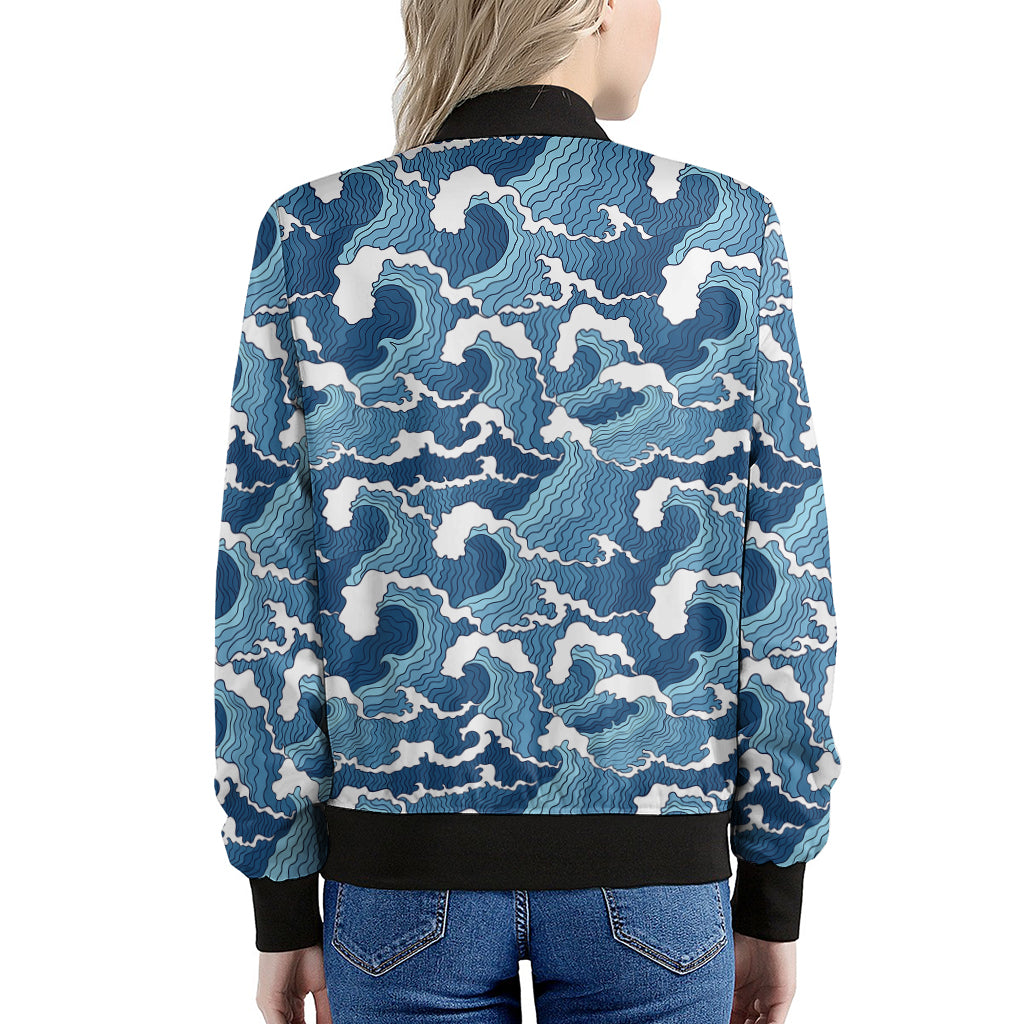 Blue Japanese Wave Pattern Print Women's Bomber Jacket