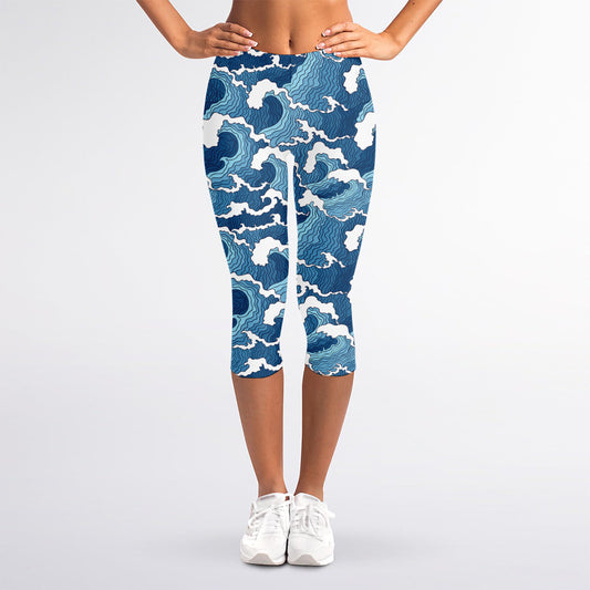 Blue Japanese Wave Pattern Print Women's Capri Leggings
