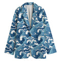 Blue Japanese Wave Pattern Print Women's Cotton Blazer