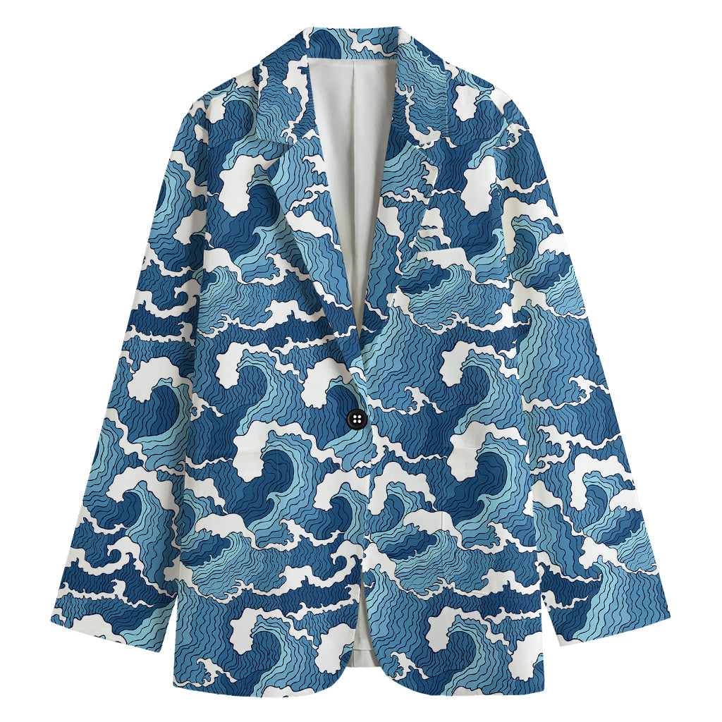 Blue Japanese Wave Pattern Print Women's Cotton Blazer