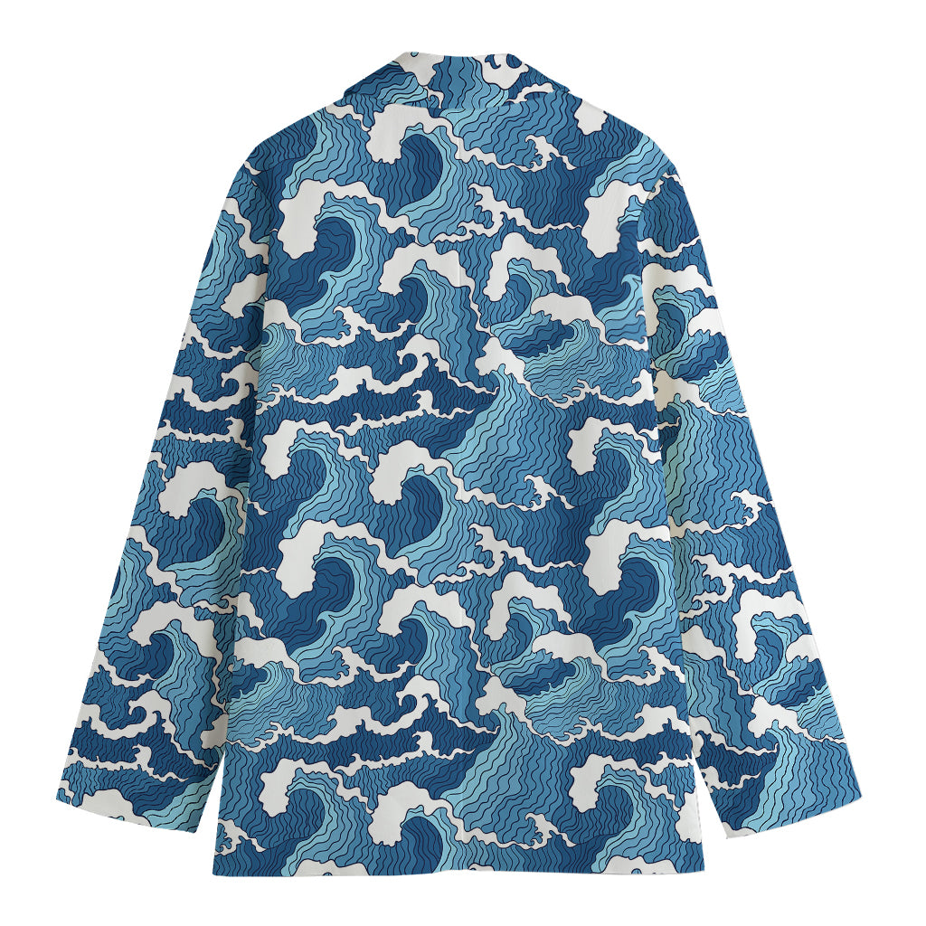 Blue Japanese Wave Pattern Print Women's Cotton Blazer