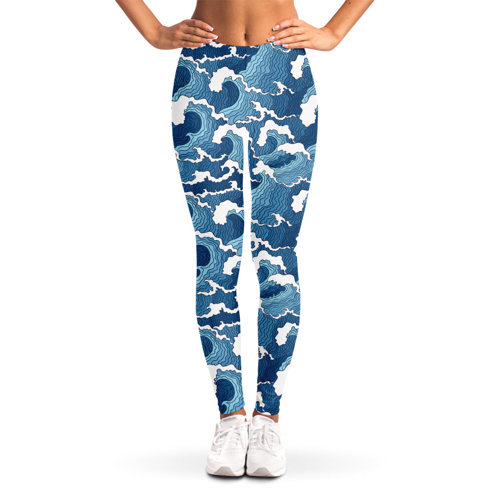 Blue Japanese Wave Pattern Print Women's Leggings